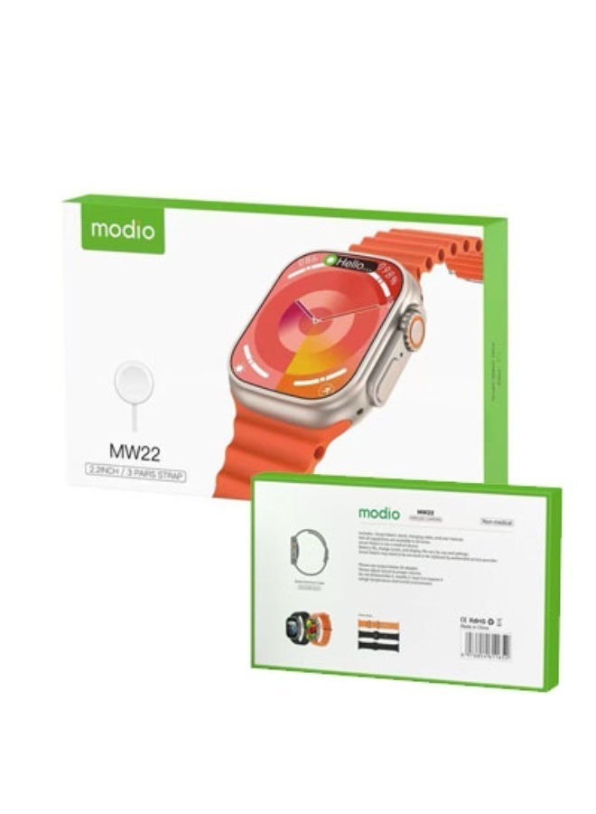 Modio MW22 Smart Watch with 2.2 Inch Full Screen, Supports Health Tracking Features and Sports Modes, Supports Smart Notifications and Alerts, Powerful Battery, Stylish and Modern Design, 3 Straps Attached to Switch - Image 3